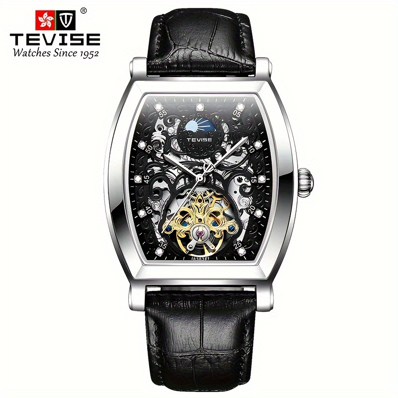 Tevise Square Dial Mens Wristwatch Vintage Leisure Hollow Skeleton