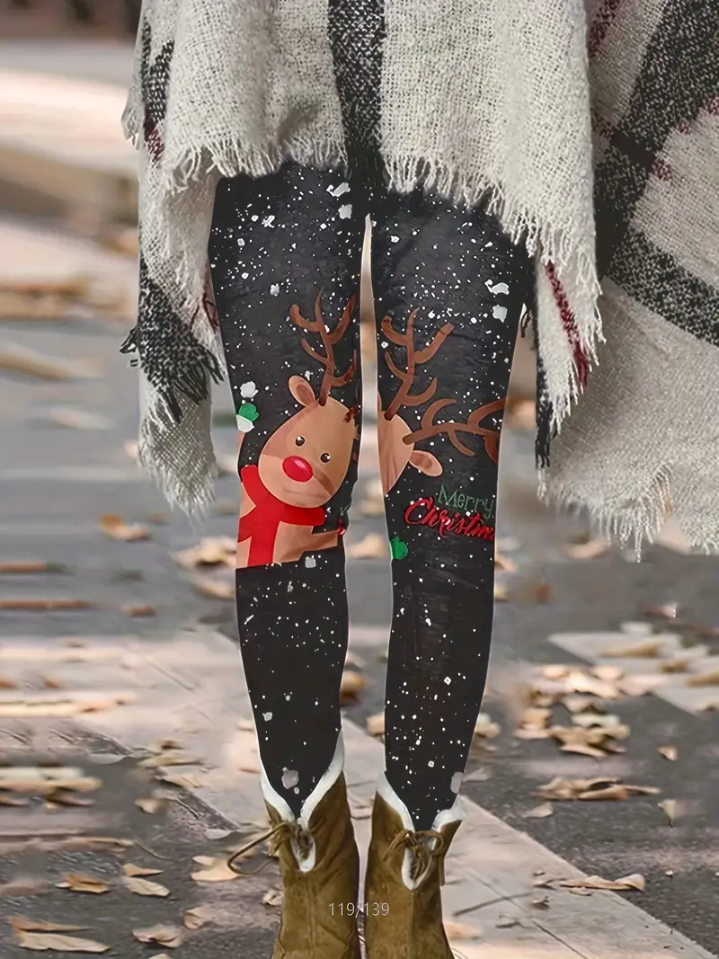 Christmas Reindeer Print Skinny Leggings Cute Elastic Waist - Temu