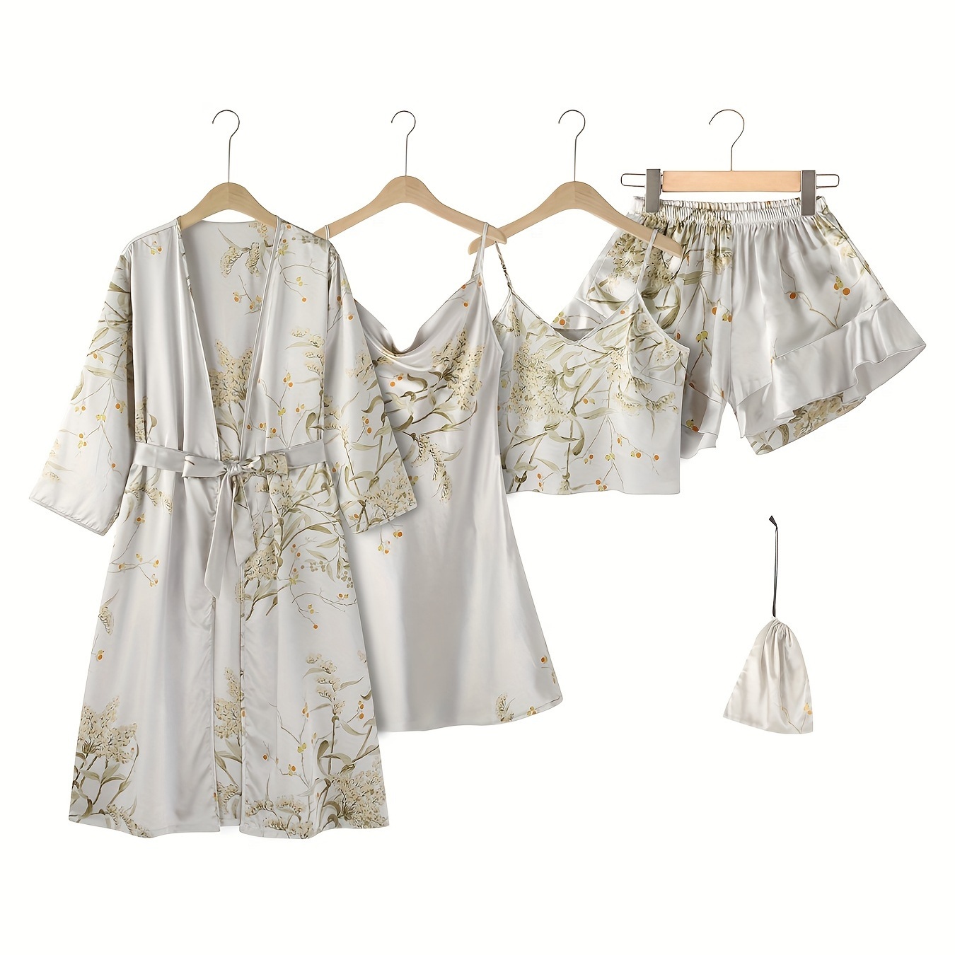 

4pcs Floral Print Pajamas Set, Long Sleeve Robe + Cami Dress + Cami Top + Ruffle Hem Shorts, Women's Loungewear & Sleepwear