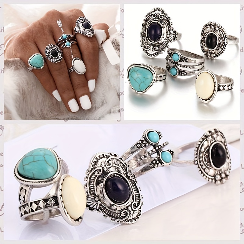 5pcs Boho Style Stacking Rings Inlaid Turquoise