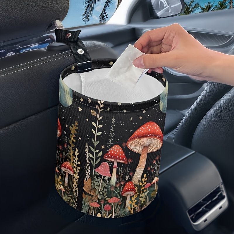 

1pc Floral Mushroom Printed Car Trash Bag, Car Trash Can - Cute, Portable, Collapsible, Hanging Headrest Garbage Basket - Car Accessory