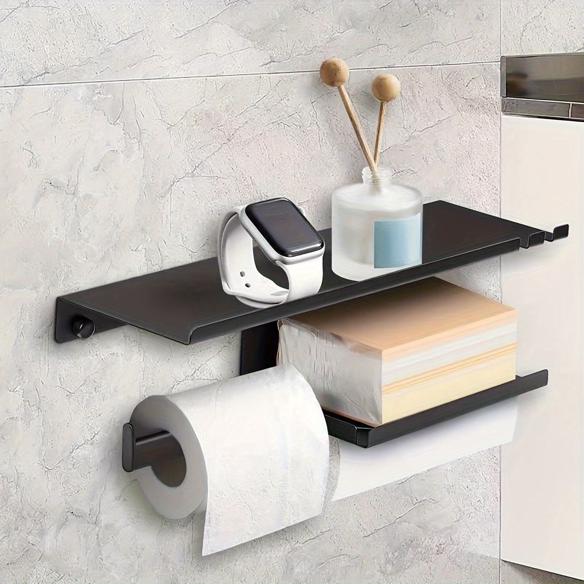 Wall-Mounted Black Paper Towel Holder with Shelf