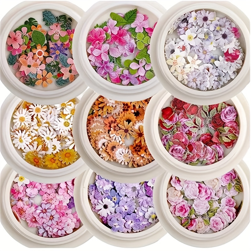 

450pcs/9 Boxes Nail Flower Ultra-thin Wood Pulp Patch Color Mixed Small Daisy Rose Nail Art Accessories For Nail Art Decoration, Nail Art Supplies For Women And Girls
