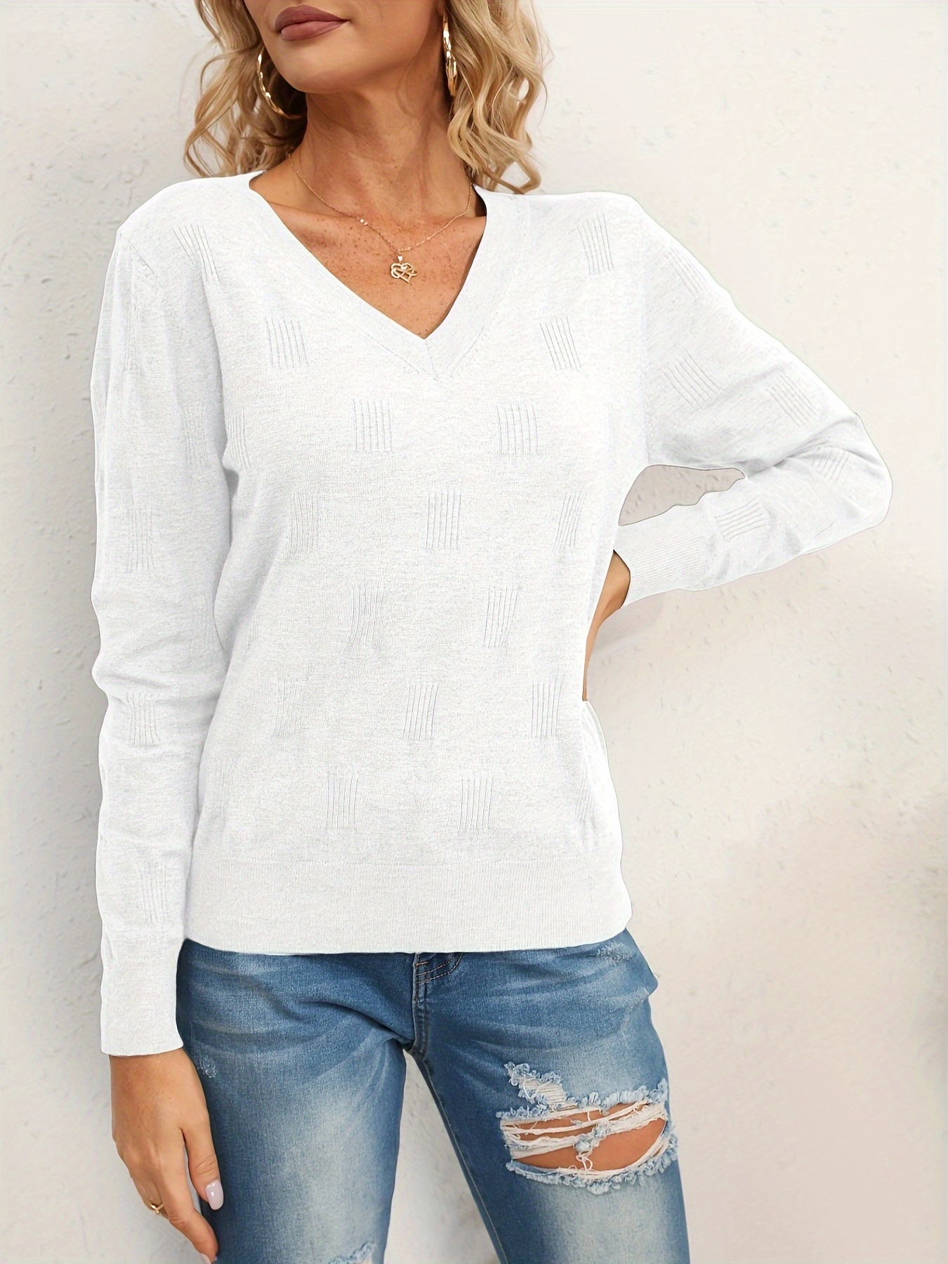 Solid Simple Knit Sweater Casual V Neck Versatile Sweater - Temu