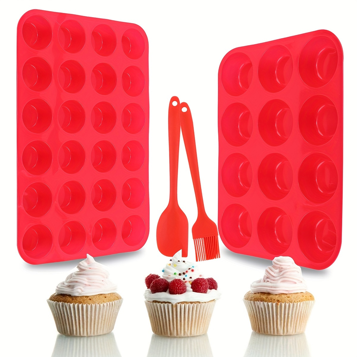 Silicone Muffin Pan & Mini Cupcake Pan Set. 12 & 24 Mini