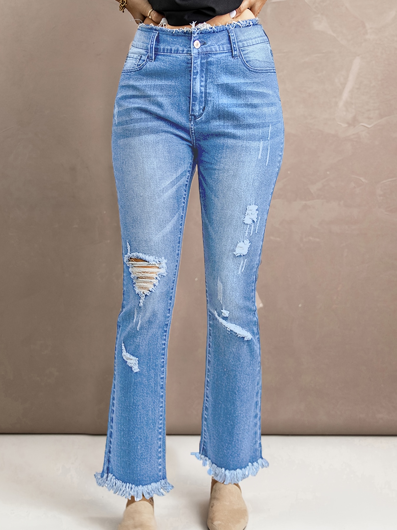 Side Strip Studded Raw Hem Flare Jeans, High Rise Faded Stretchy Bell  Bottom Denim Pants, Women's Denim Jeans & Clothing