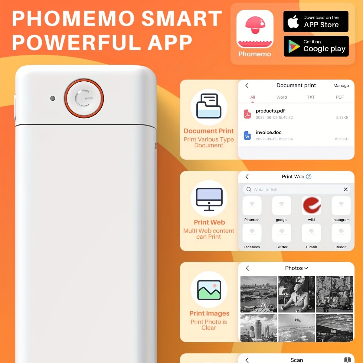 Phomemo M08F - Impresora térmica portátil A4 + papel térmico A4 de 8.27 x  11.69 pulgadas, 200 unidades, impresoras móviles inalámbricas de viaje para