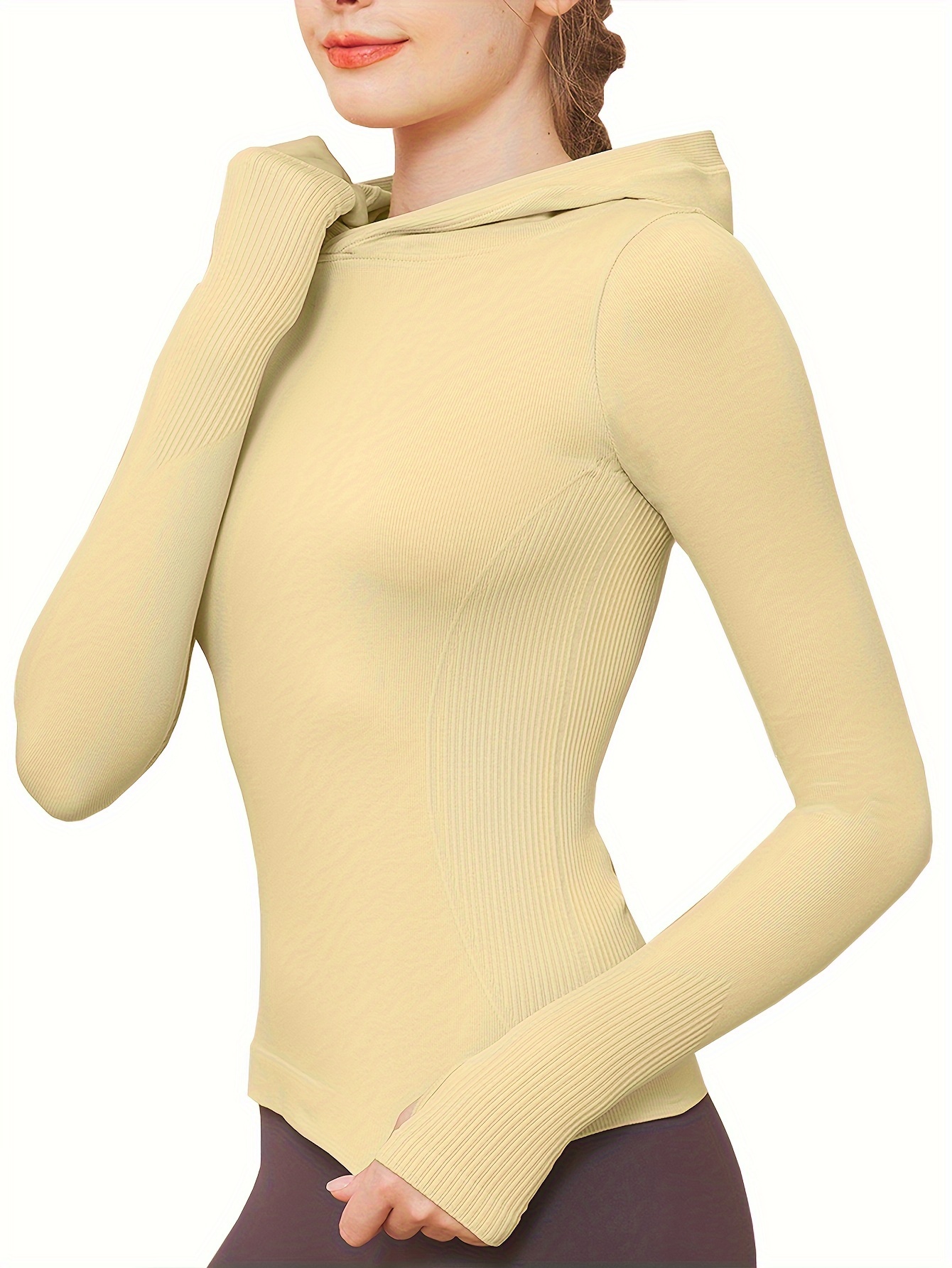 Long Sleeve Yoga Hoodie Solid Color Warm Thumb Hole Running - Temu Canada