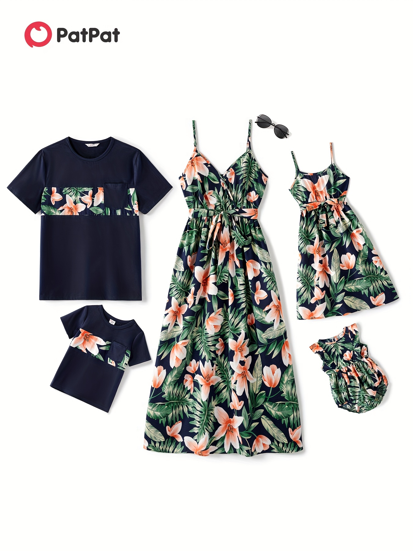 Family Matching Solid Splicing All Over Coconut Tree Print Tank Dresses and Short-sleeve T-shirts Sets