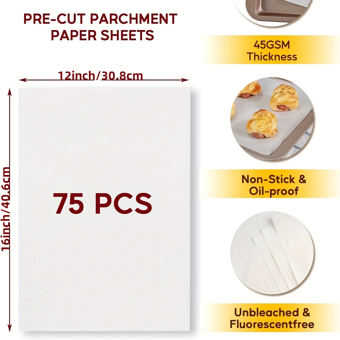 Katbite 75Pcs White Parchment Paper Sheets 12x16IN, Pre-Cut Heavy Duty Parchment  Baking Paper, Non-Stick Half Sheet White Baking Parchment Paper for Air  Fryer, Baking Cookie Pans, Oven