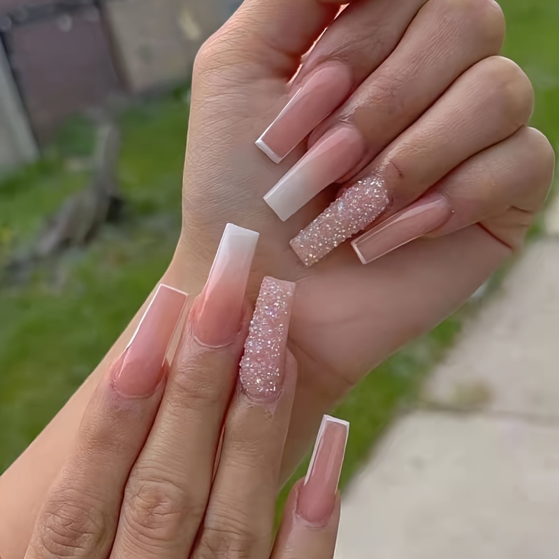 Press On Nails - Nude Ombre Diamond - Long Coffin False Tips Stick