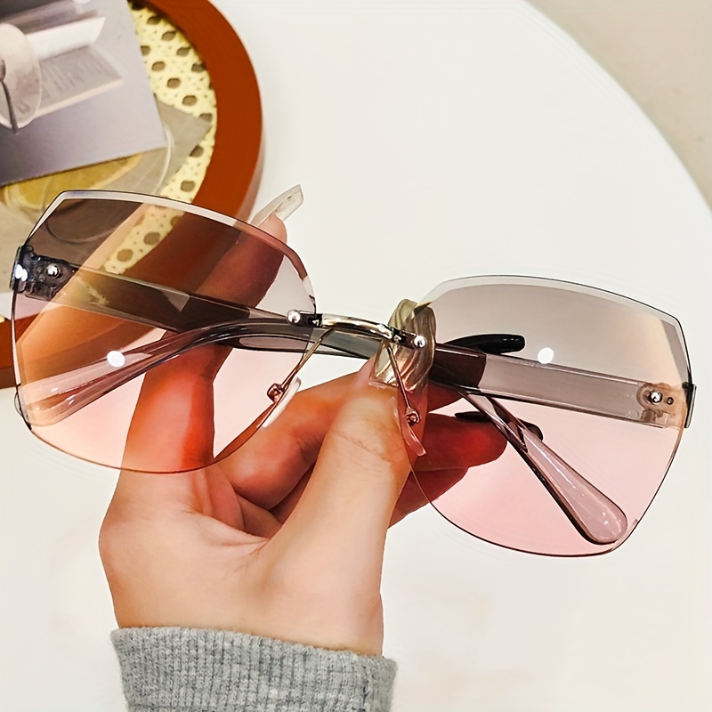Frameless Gradient Lens Sunglasses, Oversize Polygon Frame