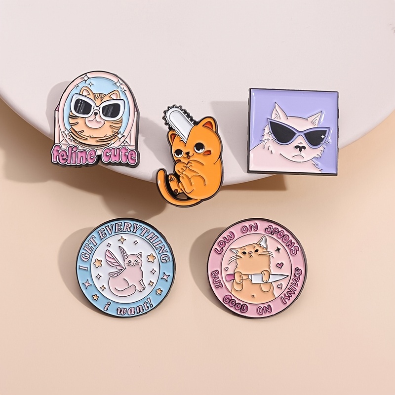 4 Style Cute Cat Soft Button Pins Sad and Cool Meme Pack Printed Icon Gifts  for Friends Badge Collar Brooch Lapel Pin Metal