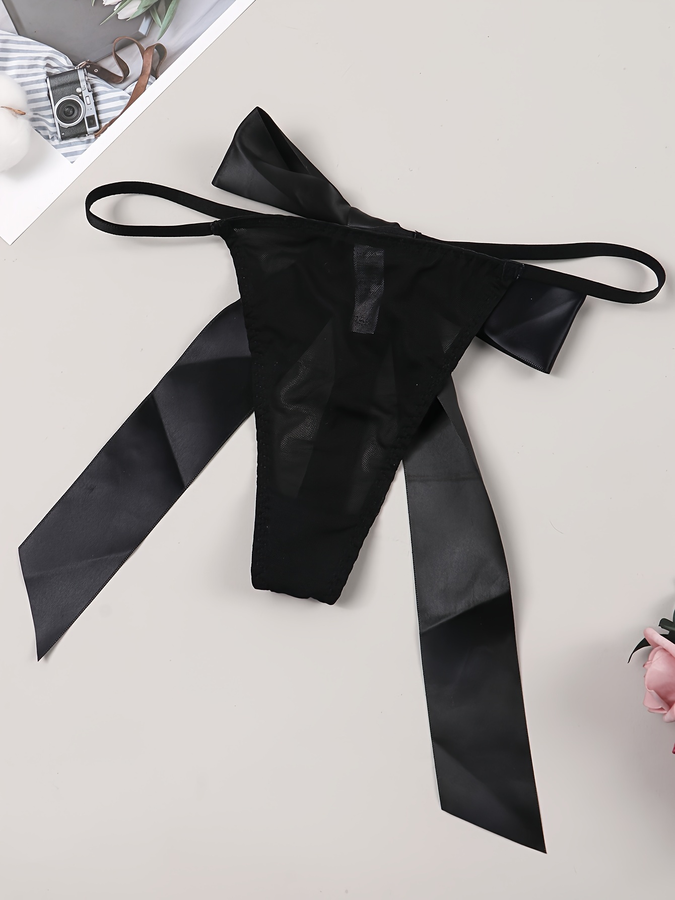Solid Bow Knot Semi Sheer Thongs Comfy Low Waist Intimates - Temu