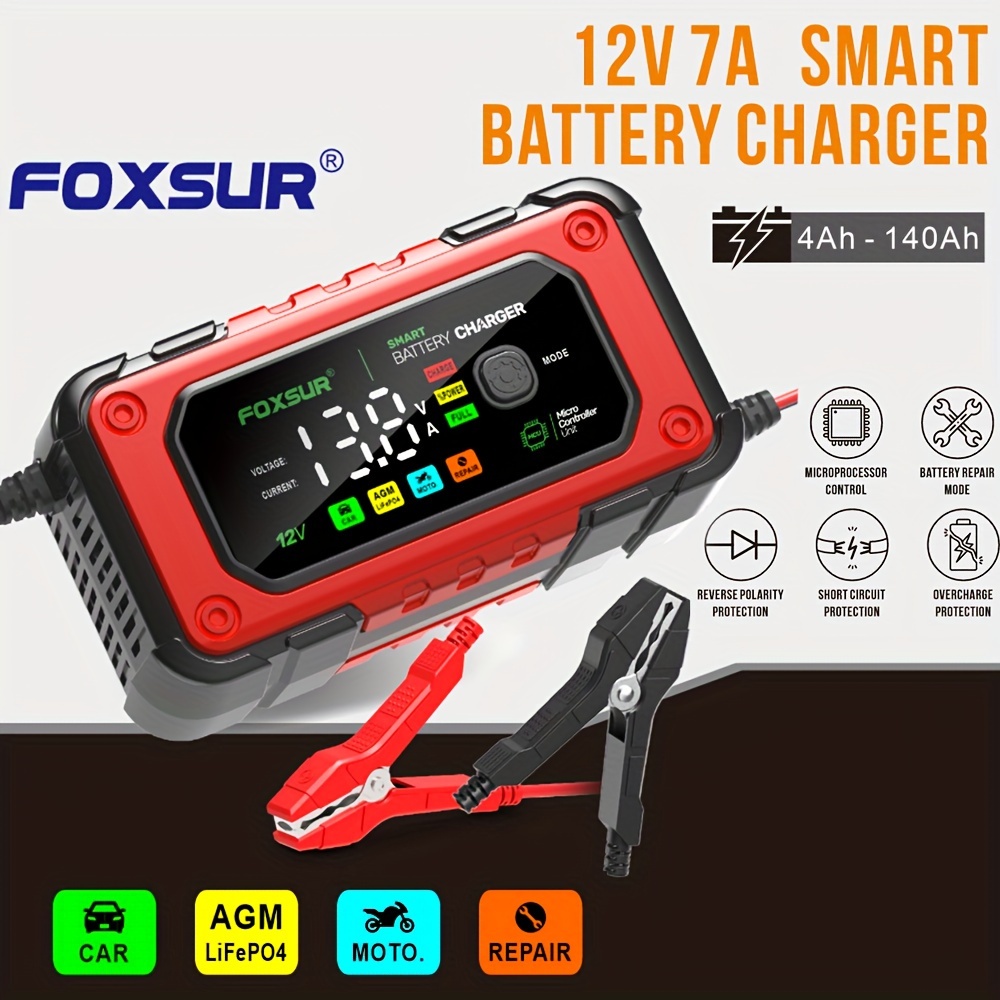 Cargador de batería automotriz 12V/7A Cargador de batería de coche con  pantalla LCD, cargador de batería portátil, mantenedor, cargador de  reparación