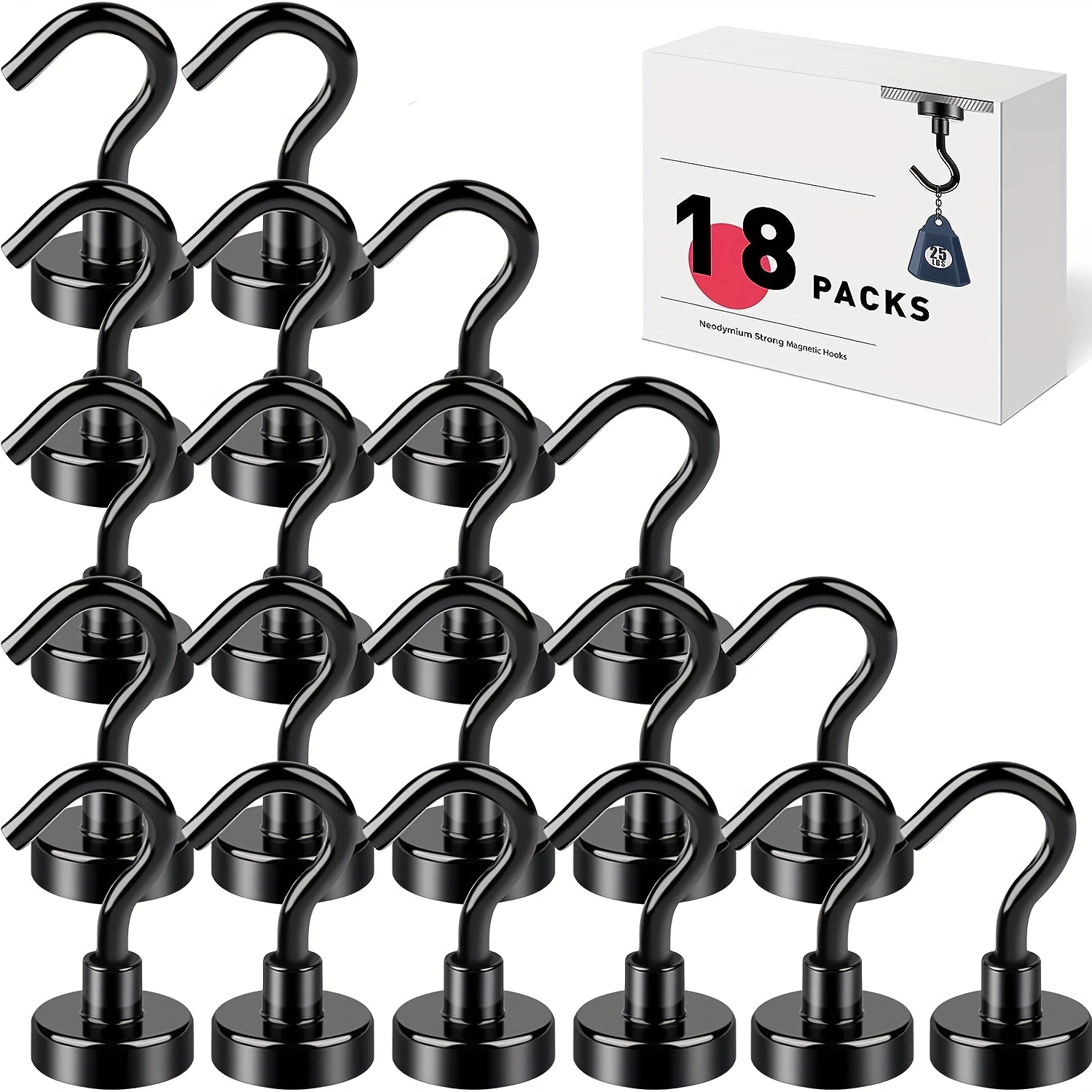 

18pcs Of Magnetic Hooks, 25 Lbs (approx. 11.3 Kg) Black Magnet Hooks, Suitable For Cruise Cabins, Refrigerators, Ceilings, Offices, Galleys. Bbq, Garage
