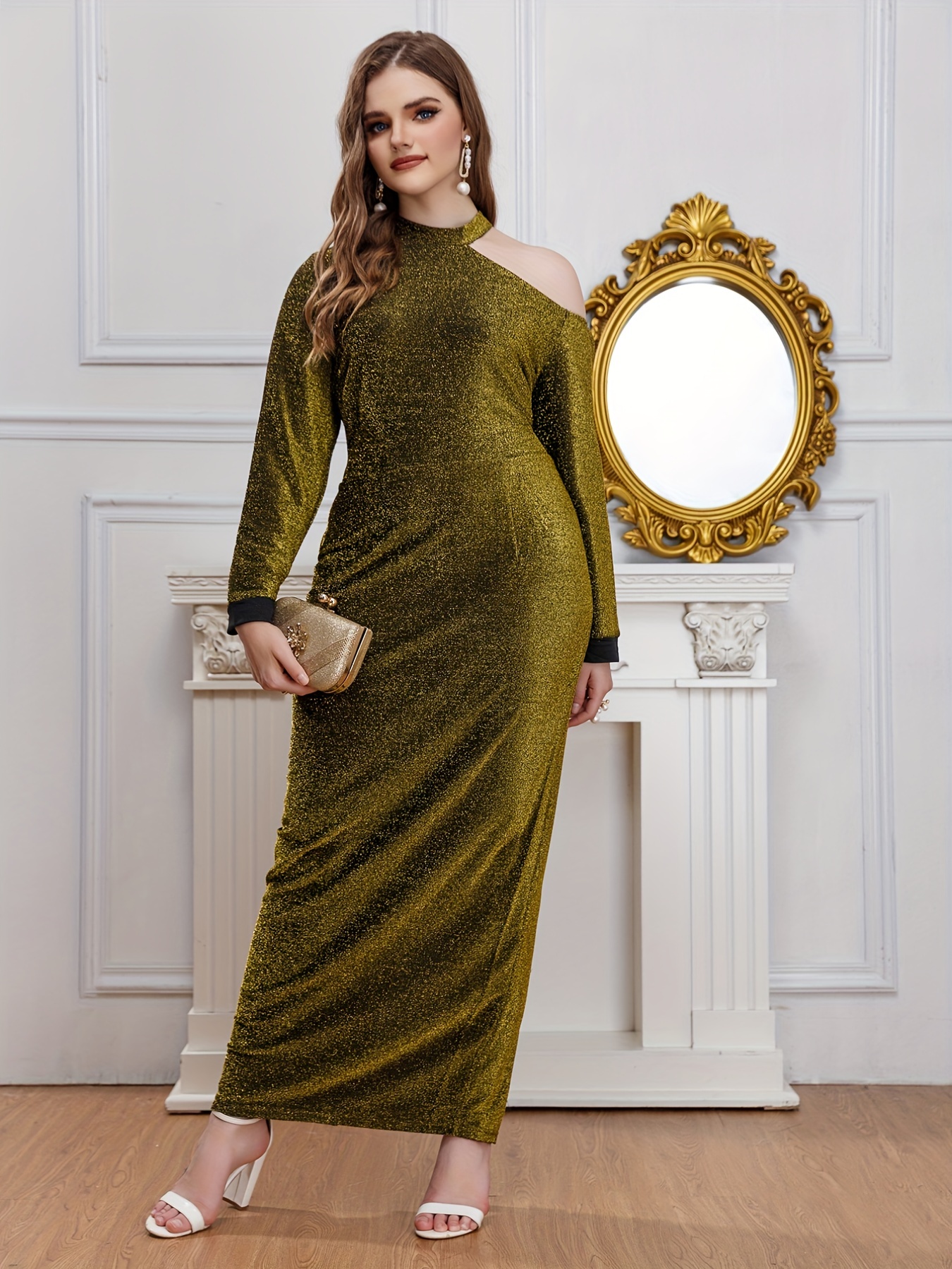 Plus Size Elegant Party Dress Women's Plus Solid Sequin Long - Temu