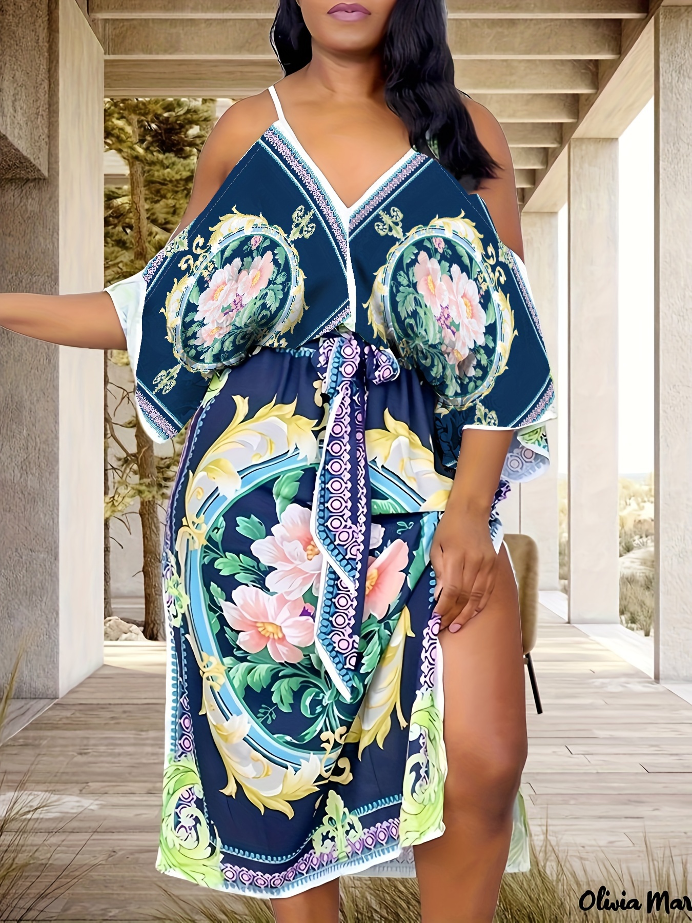 Plus Size Boho Summer Dress, Women's Plus Floral Print Cold Shoulder V Neck  Split Hem Beachwear Dress With Belt
