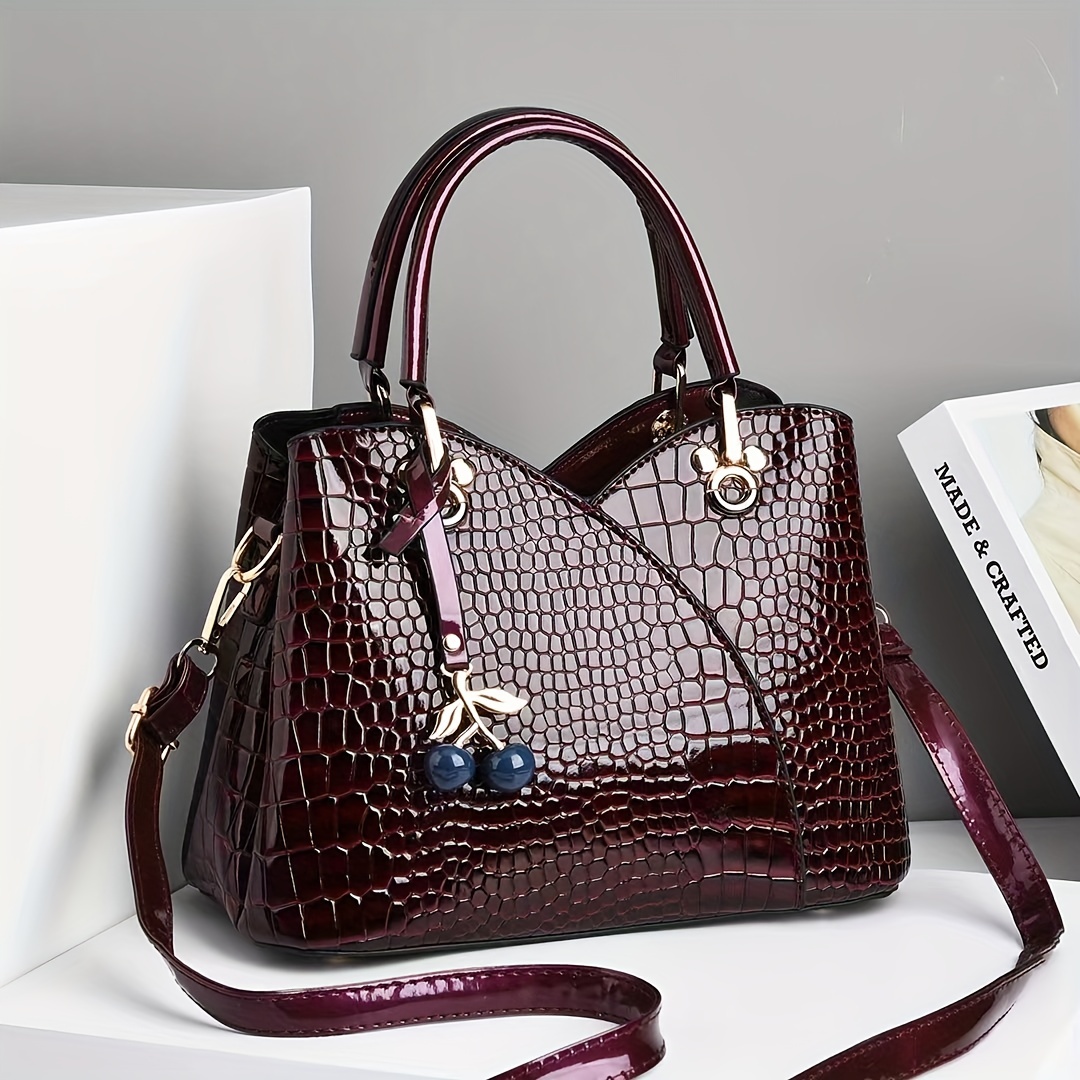 

Classic Crocodile Embossed Tote Bag, All-match Elegant Satchel Bag With Cherry Pendant