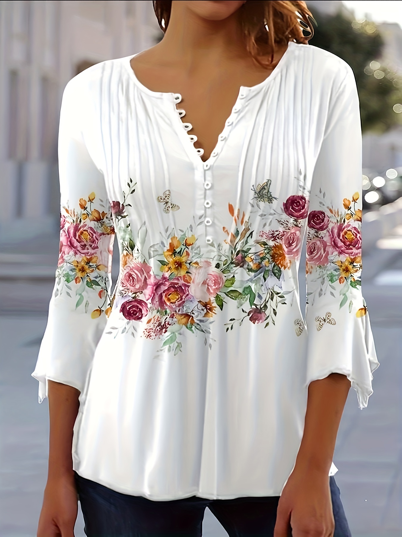 Floral Print Notched Neck Blouse, Casual Button Front Blouse For Spring &  Summer, Women's Clothing