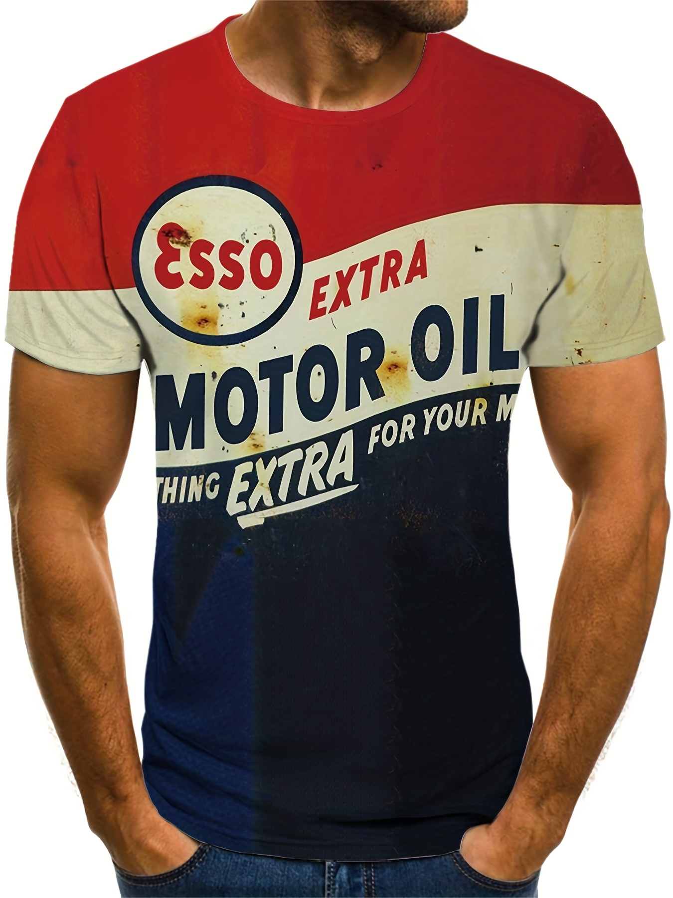Camiseta de bloques de color "Motor Oil" con estampado, estilo callejero casual para hombres con cuello redondo ligeramente elástico para el verano