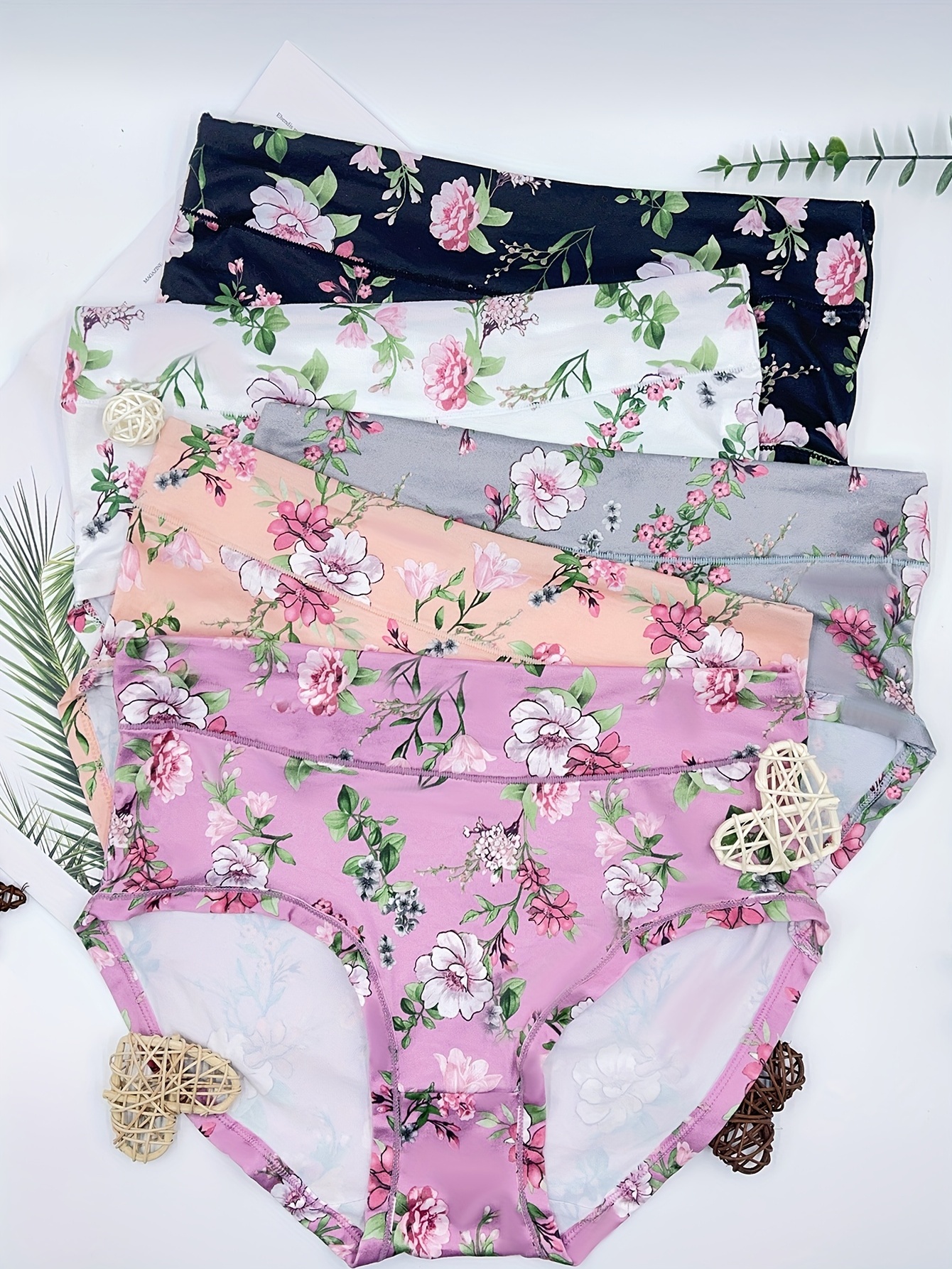 6pcs Floral Print Briefs, Comfy & Breathable Bow Tie Intimates Panties,  Women's Lingerie & Underwear