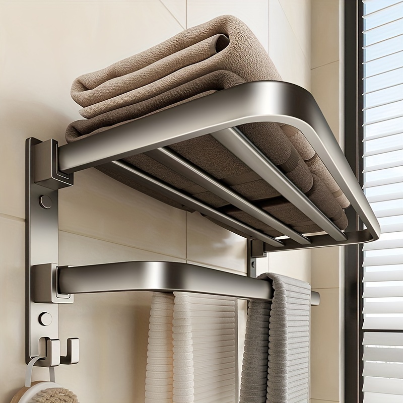 Toalleros sin taladro, doble estante plegable para toallas de baño, soporte  de aluminio para colgar en la pared con gancho extraíble, 19.7 in