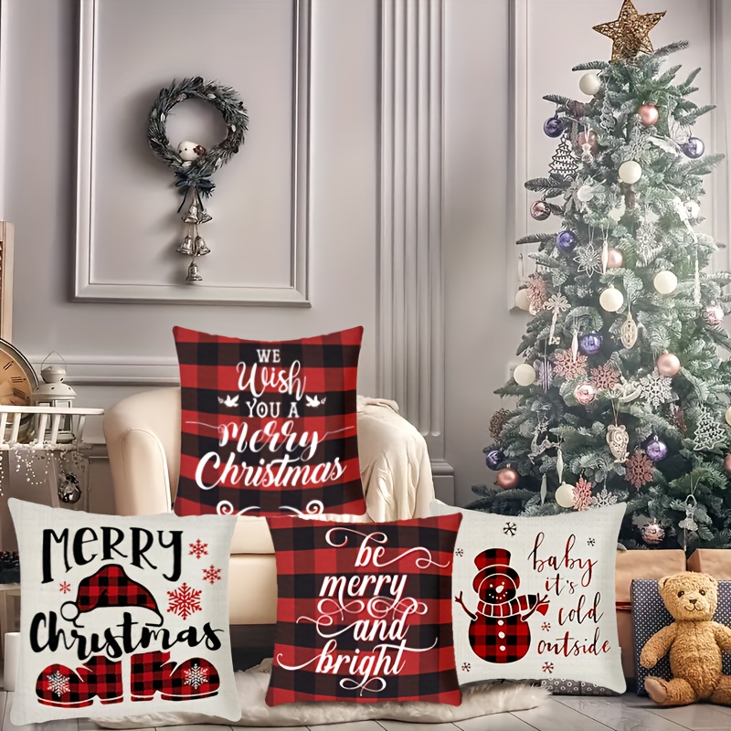 4pcs/set Christmas Linen Blend Throw Pillow Case, Square Cushion Case,  Decorative Pillow Cover For Living Room Bedroom Couch Sofa, Home Decor Room  Dec