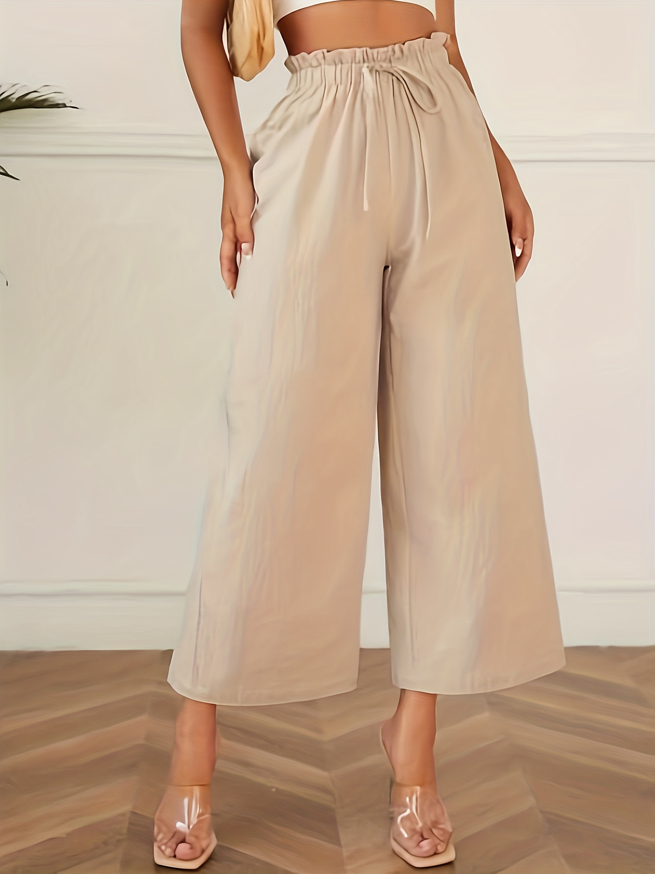 Solid Paper Bag Waist Pants, Elegant Cotton Wide Leg Pants, Women's Clothing
