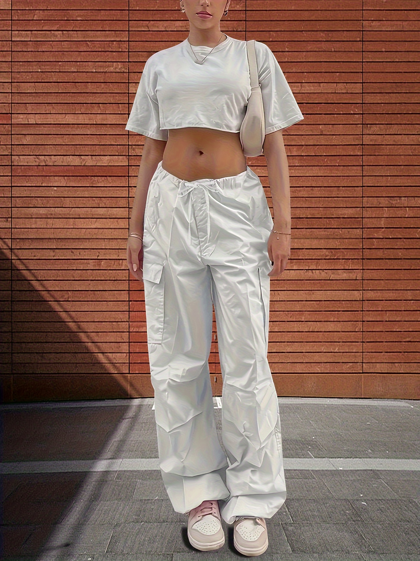 Y2K Loose Drawstring Cargo Pants, Casual Pocket High Waist Solid Wide Leg  Fashion Comfy Pants, Women's Clothing