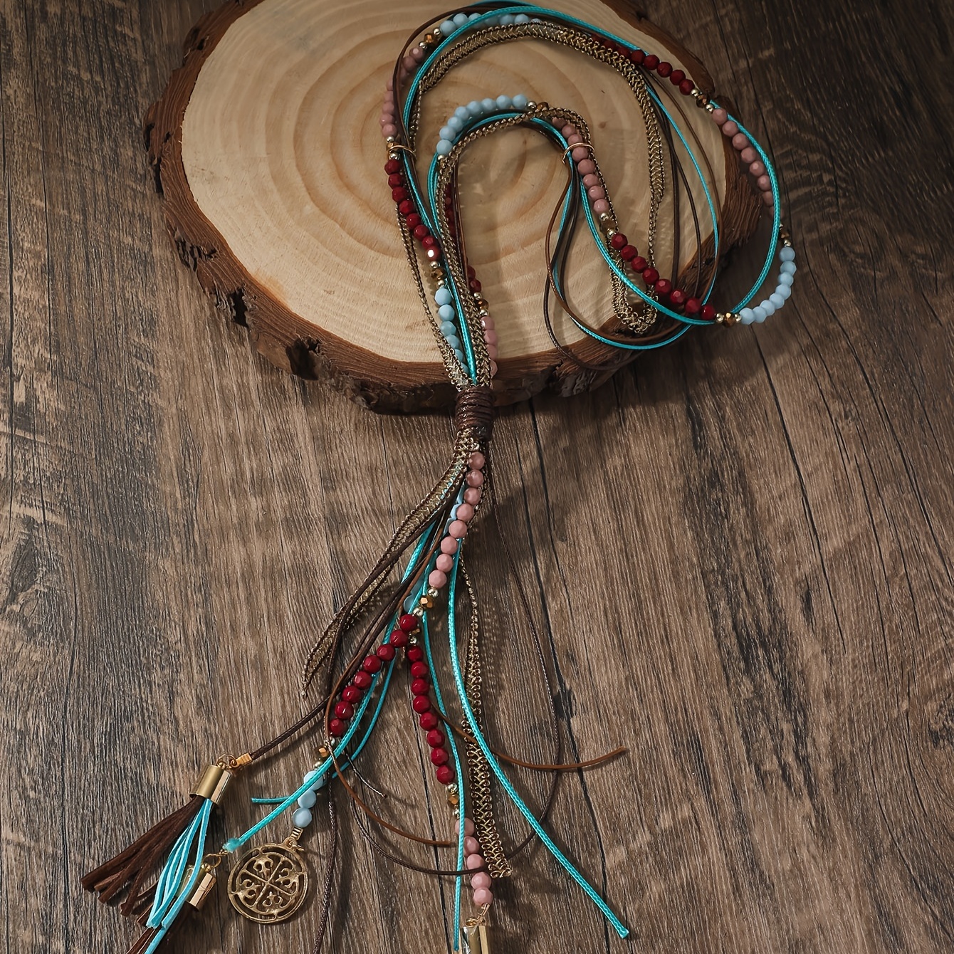 Boho Beaded Leather Tassel Long Necklace, Unique Style