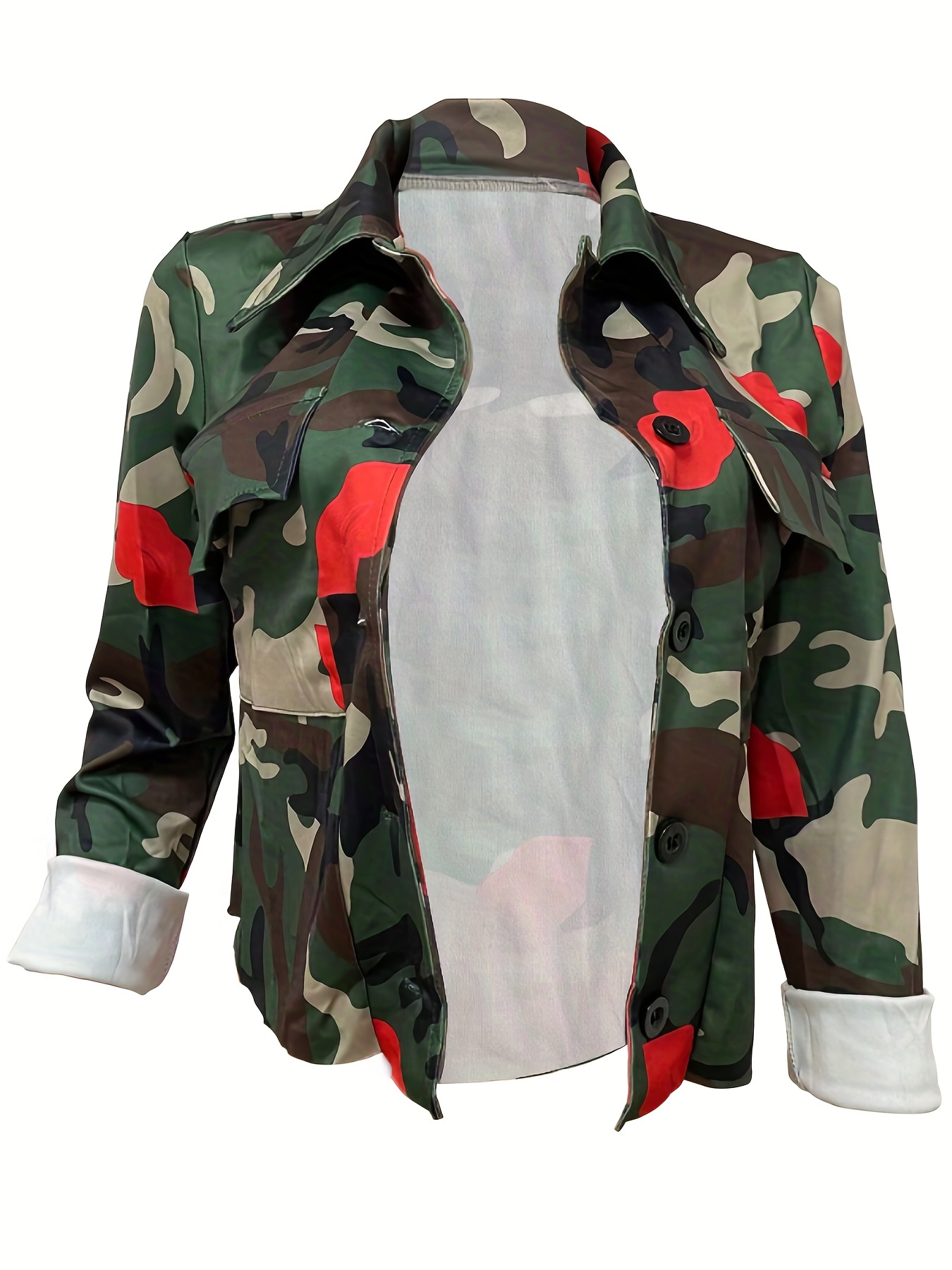Camo Print Turndown Collar Button Jacket, Casual Long Sleeve Pocket Outwear Voor Lente & Herfst, Dameskleding