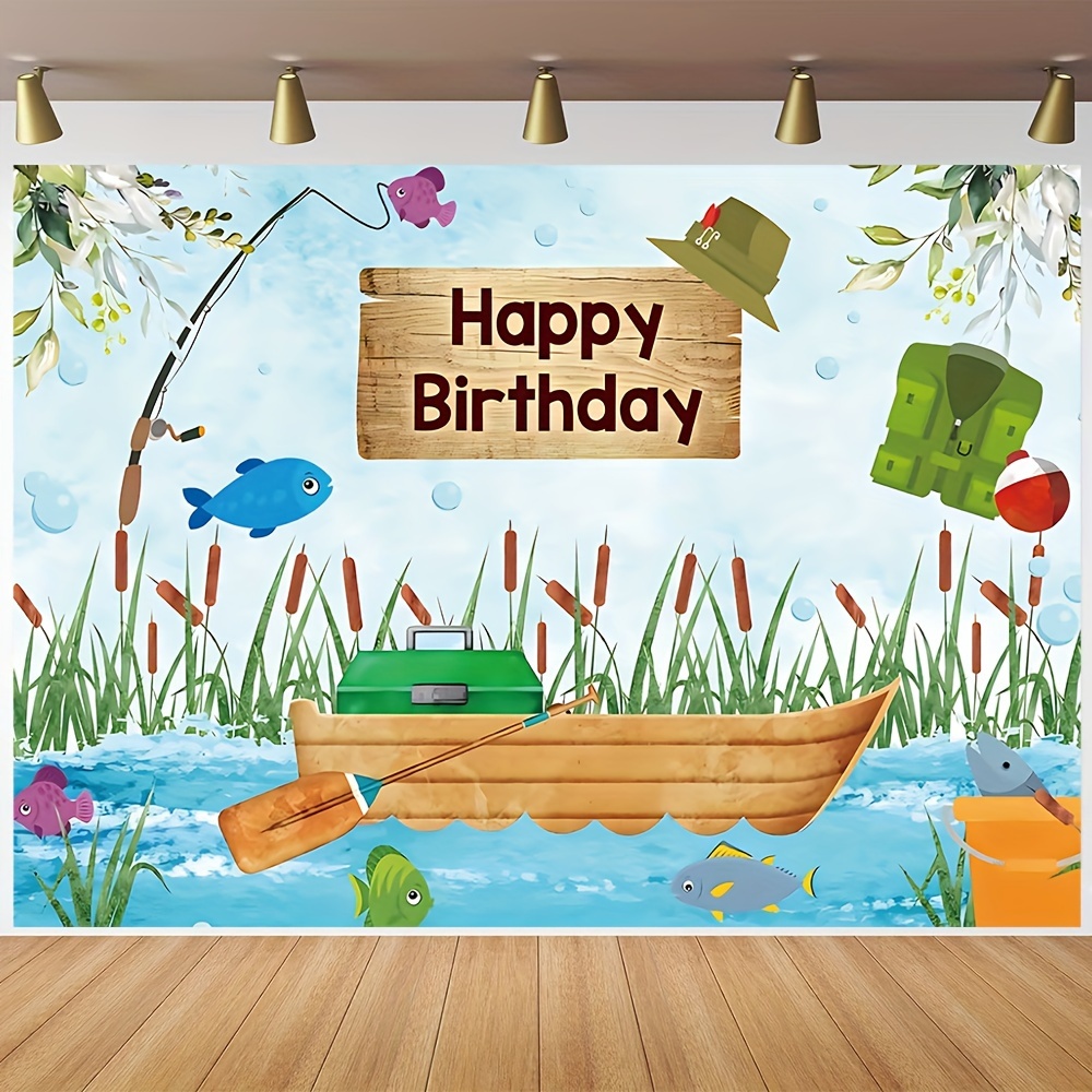 1pc, Happy Birthday Photography Background, Vinyl Let's Go Fishing Pool  Theme Cake Table Photo Banner Photo Studio Booth Props 209.8X149.86  Cm/239.78X