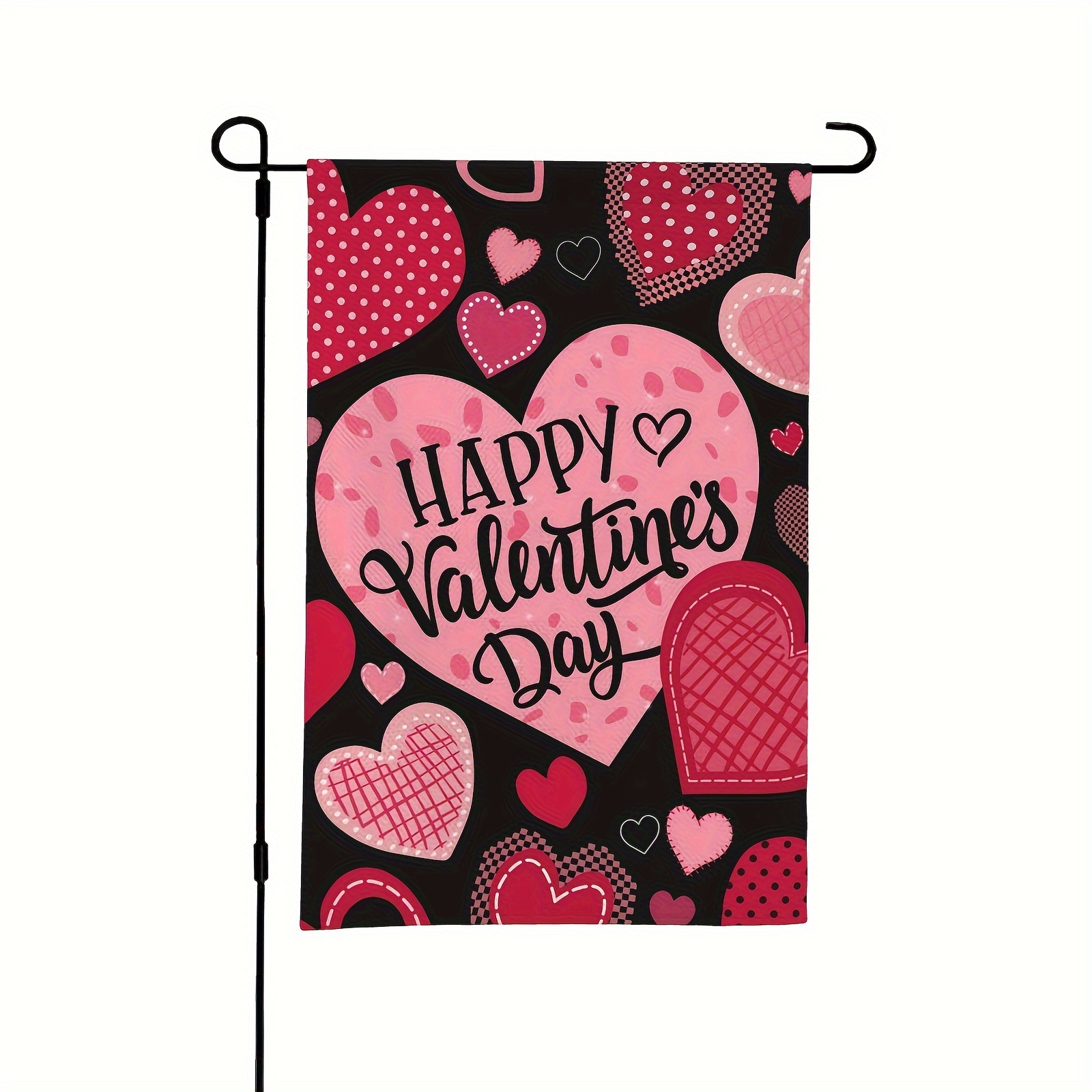 

1pc, Happy Valentine's Day Love Heart Decorative Garden Flag, Black Pink Yard Anniversary Outside Decorations, Wedding Engagement Outdoor Home Decor, Double Sided Garden Flag