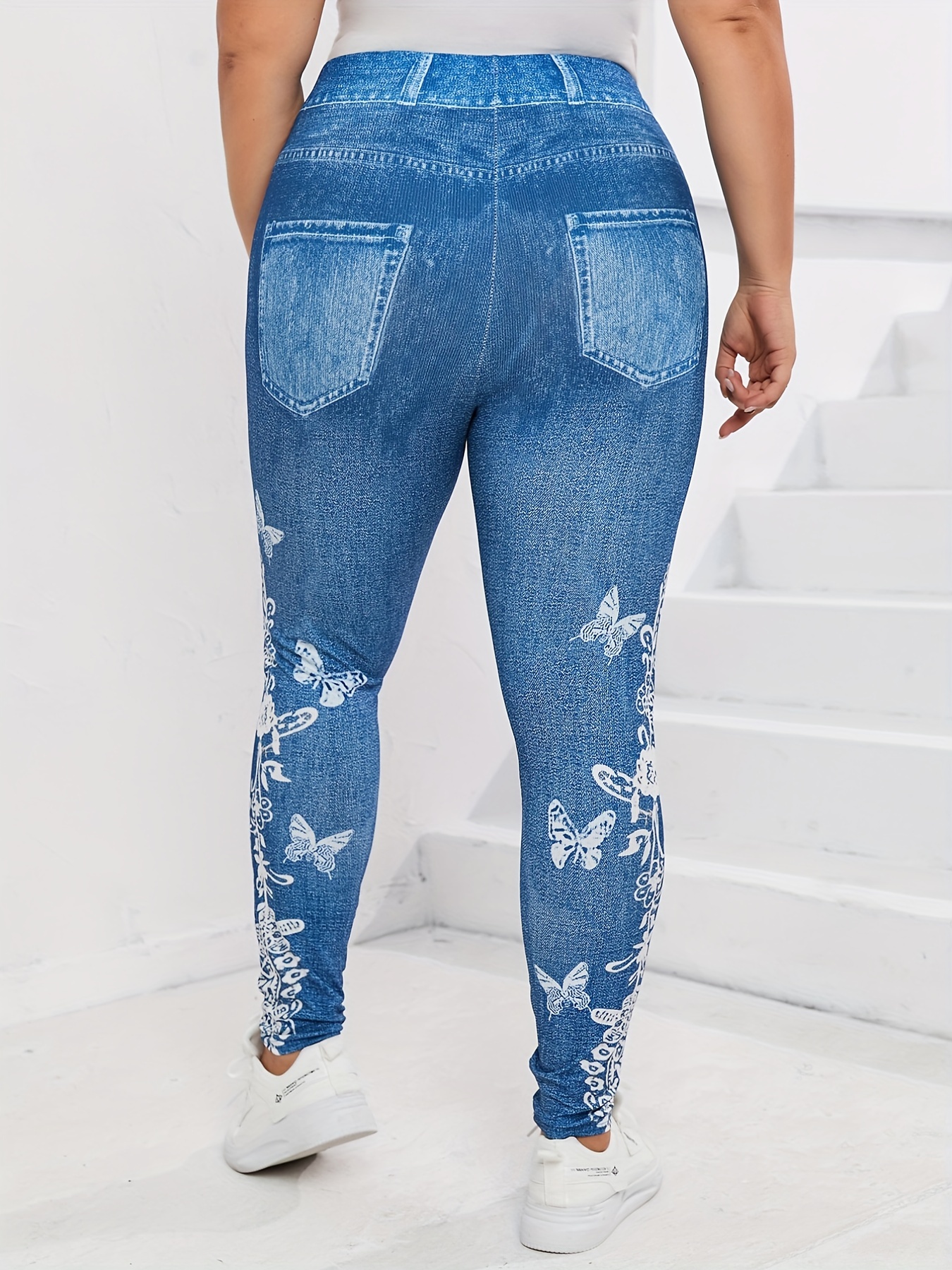 Plus Size Butterfly & Denim Print High * Lggings, Women's Plus Slight  Stretch Casual Skinny Leggings