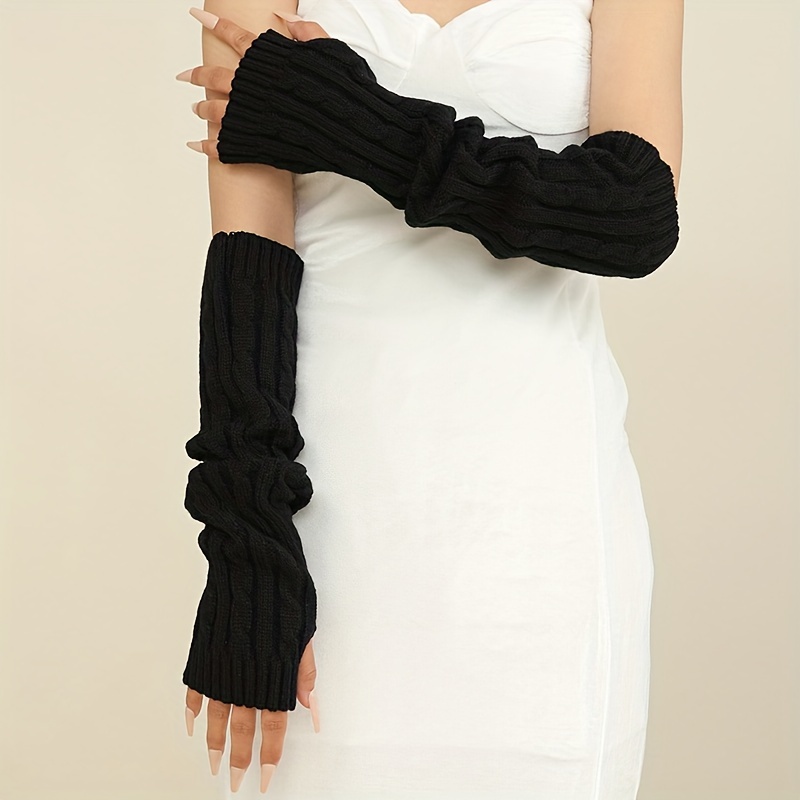 

Monochrome Twist Knit Long Gloves, Simple Soft Warm Elastic Arm Cover, Autumn Winter Coldproof Fingerless Gloves For Women