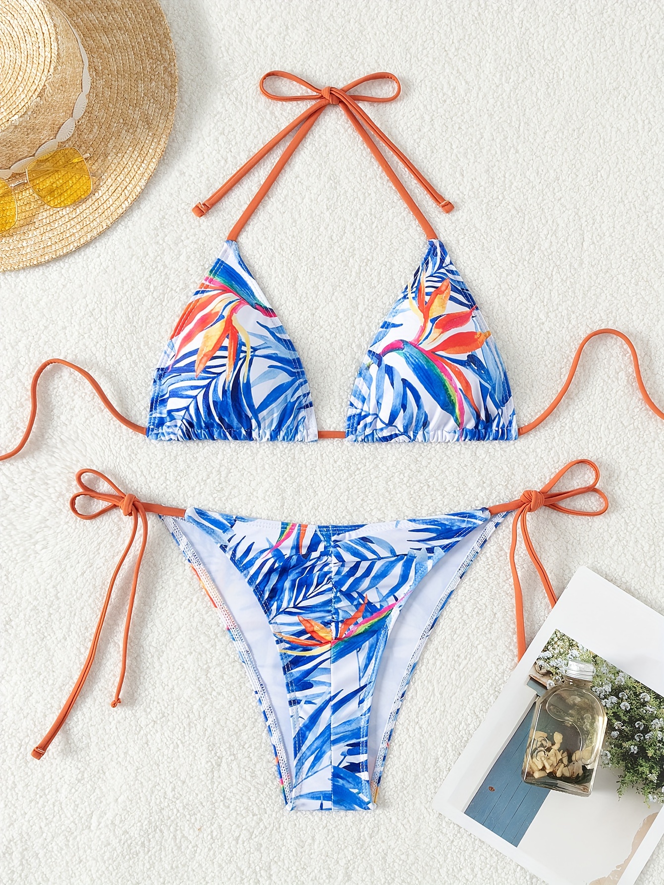 Tropical Print * Bikini Sets, Halter Neck Tie Back Backless Cut * High Waist High Cut Two Pieces Swimsuit, Women's Swimwear & Clothing