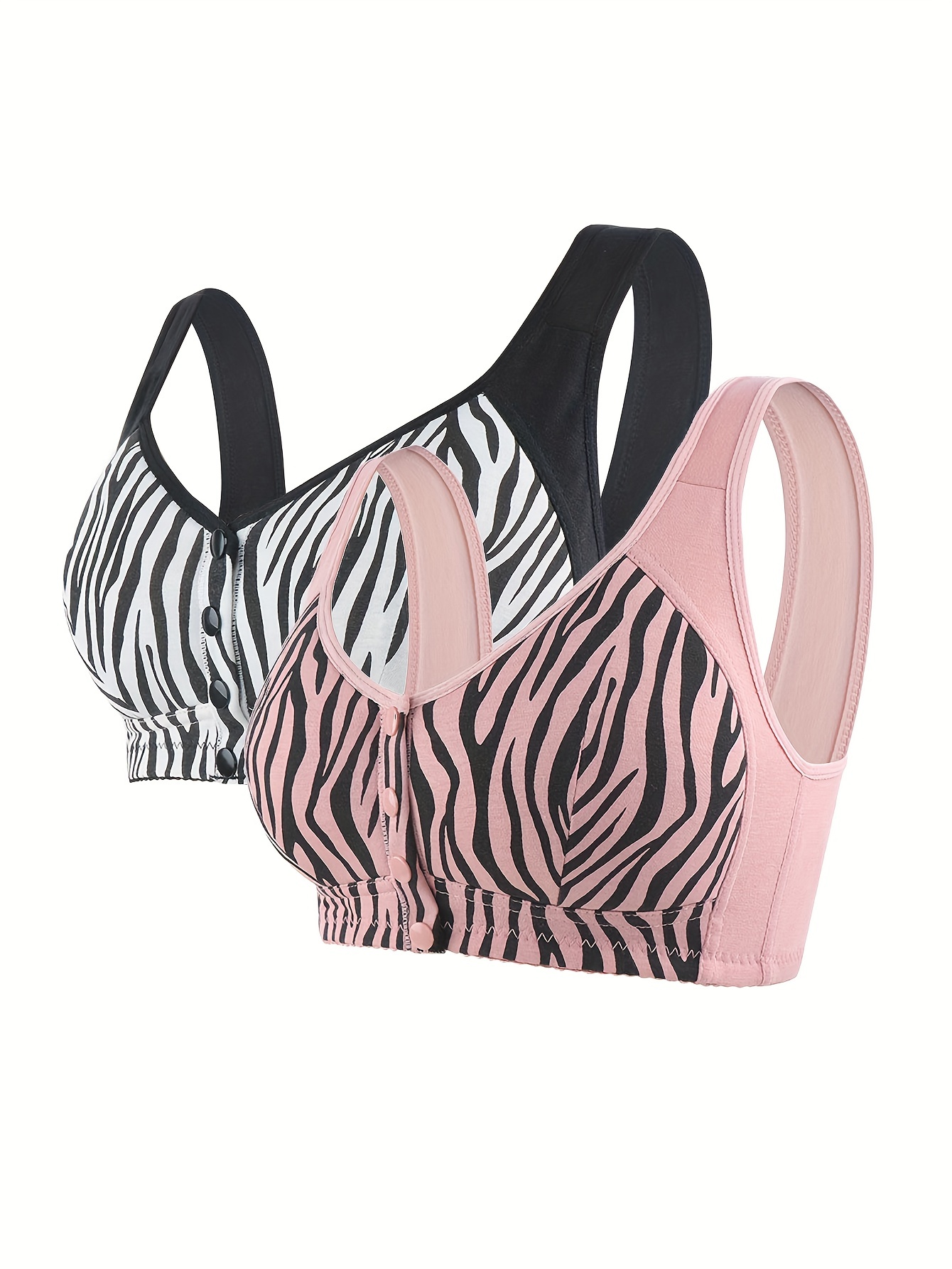 2 Pack Plus Size Elegant Bra Set, Women's Plus Zebra Print Button Front  High Stretch Wireless Bralette Two Piece Set
