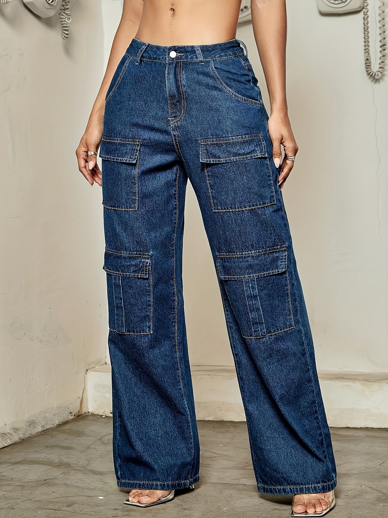 TheyLook Women's Wide Leg Jeans Multi-Pocket Loose Denim Cargo