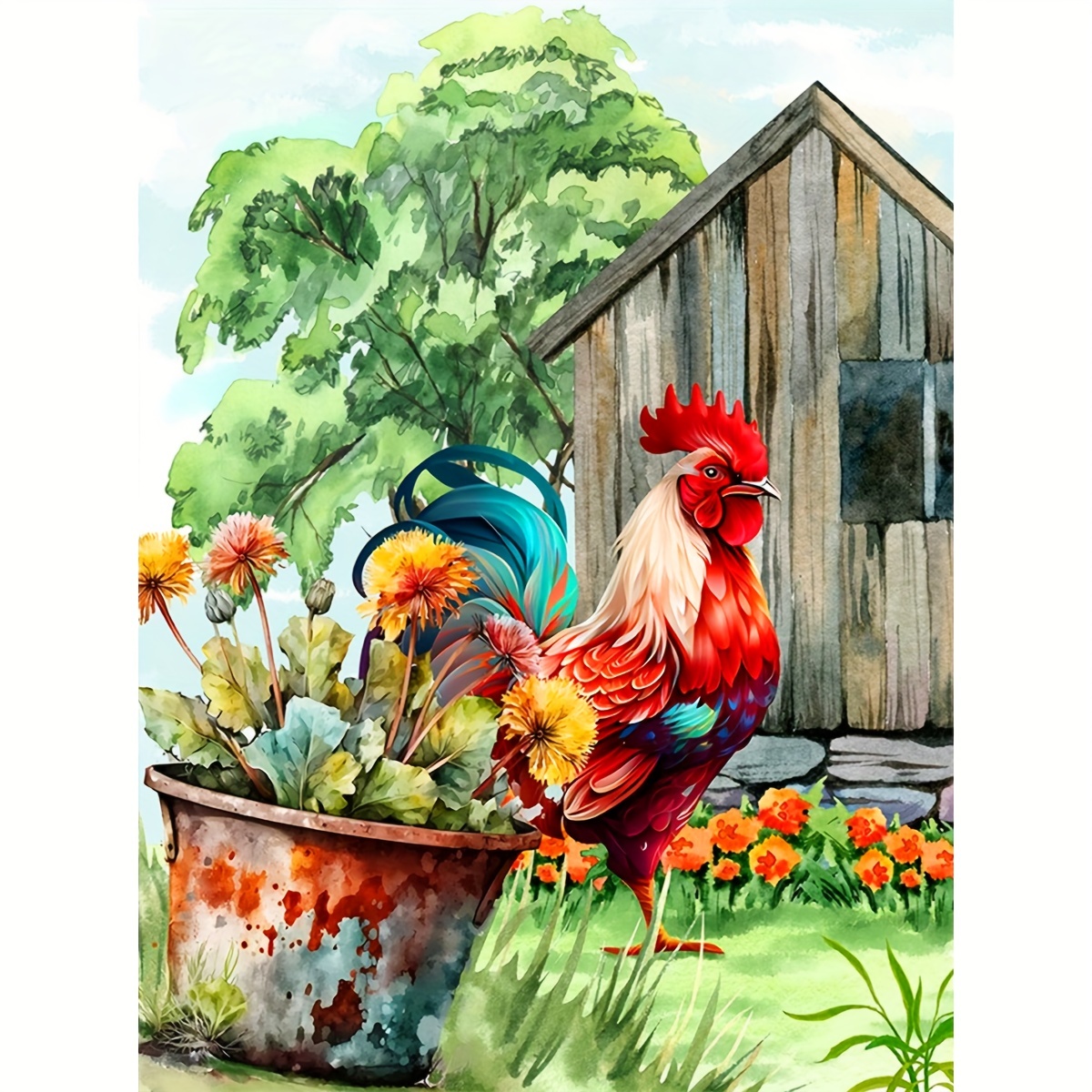 Diy 5d Frameless Diamond Painting Rooster In The Farm Wall - Temu