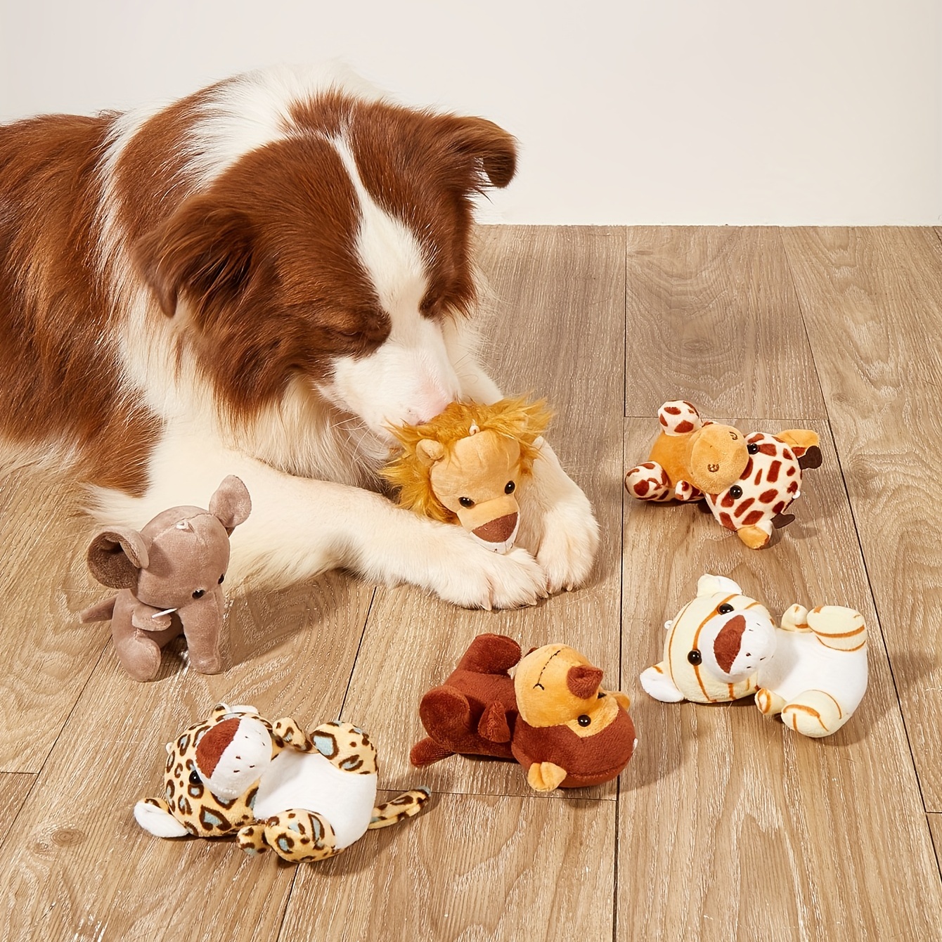 

Small Breed Dog Plush Toys - Cartoon Jungle Animals Set Including Lion, Leopard, Elephant, Monkey, Giraffe, Tiger - Soft Plush Material, 1 Piece Random Color