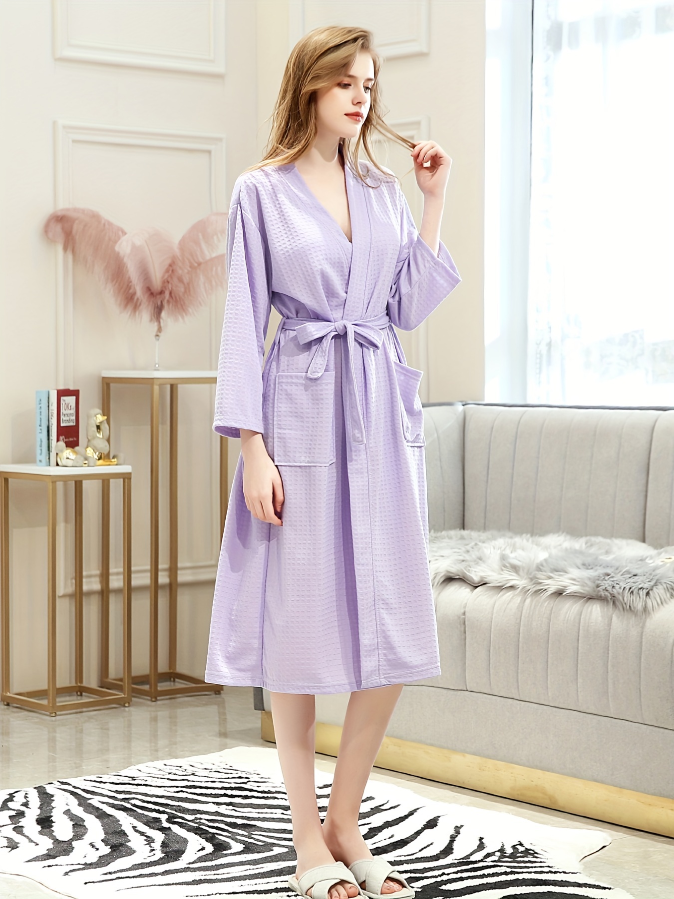 Ruziyoog Women Kimono Robes with Belts Soft Waffle Knit Spa Long Bathrobe  Lightweight Casual V-neck Casual Ladies Loungewear at  Women's  Clothing store