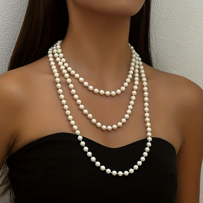 Elegant Long Multilayer Resin Faux Pearl Necklace Baroque Style