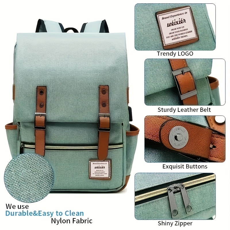Vintage Nylon Notebook Backpack USB Charging Port Tear Resistant