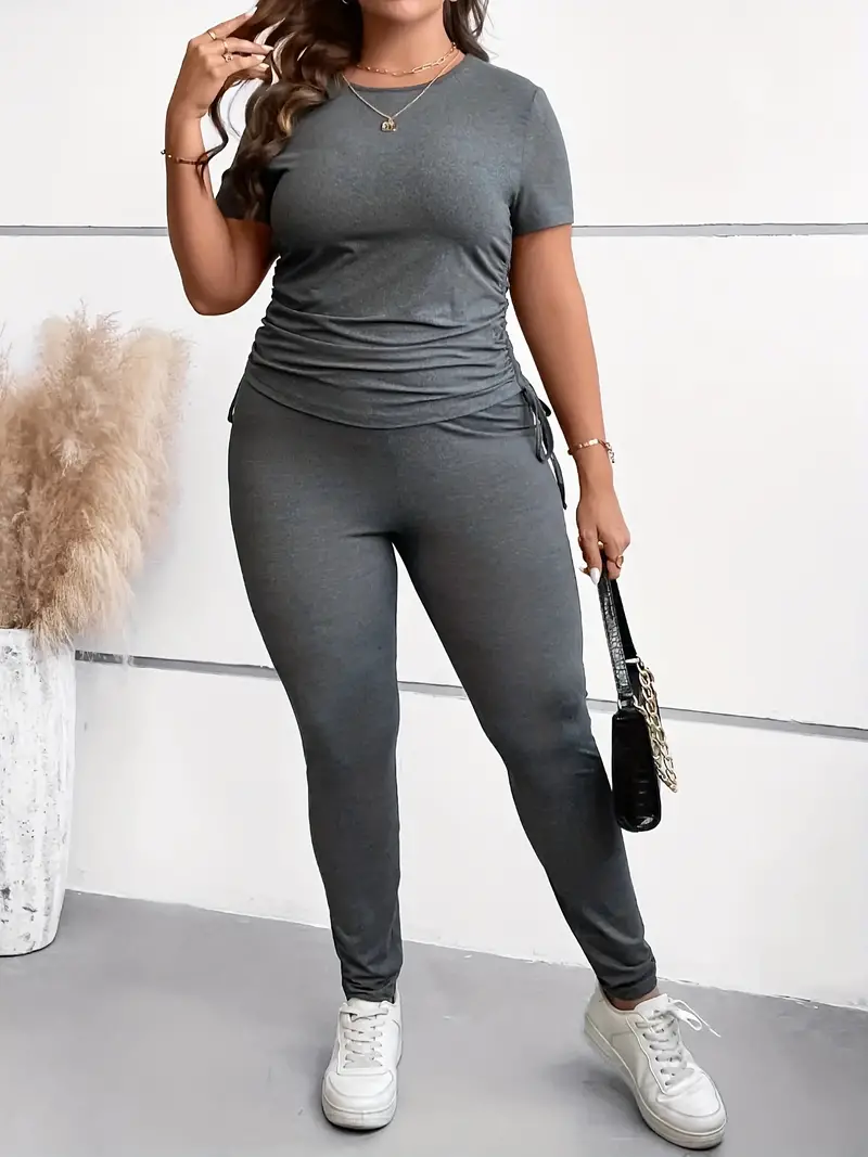 Plus Size Basic Outfits Set, Women's Plus Solid Lace Up Side Short Sleeve  Round Neck Top & Leggings Outfits Two Piece Set