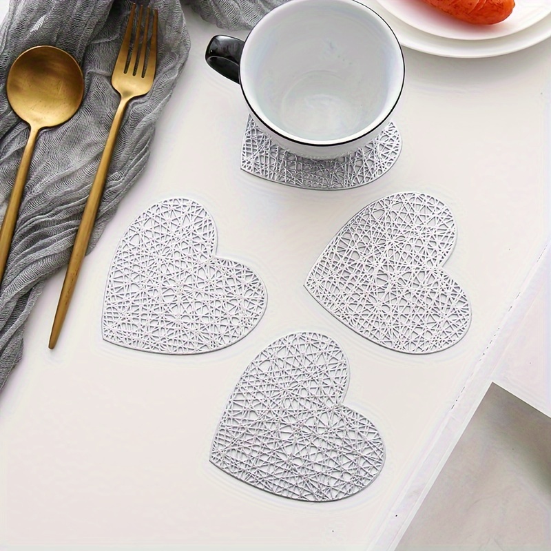 4pcs, Placemats, Heart Shape Small Coaster, Household Decorative Meal Coaster, Pvc Heat Insulation Bronzing Coaster, Coffee Non-slip Placemat, Dining Table Decor