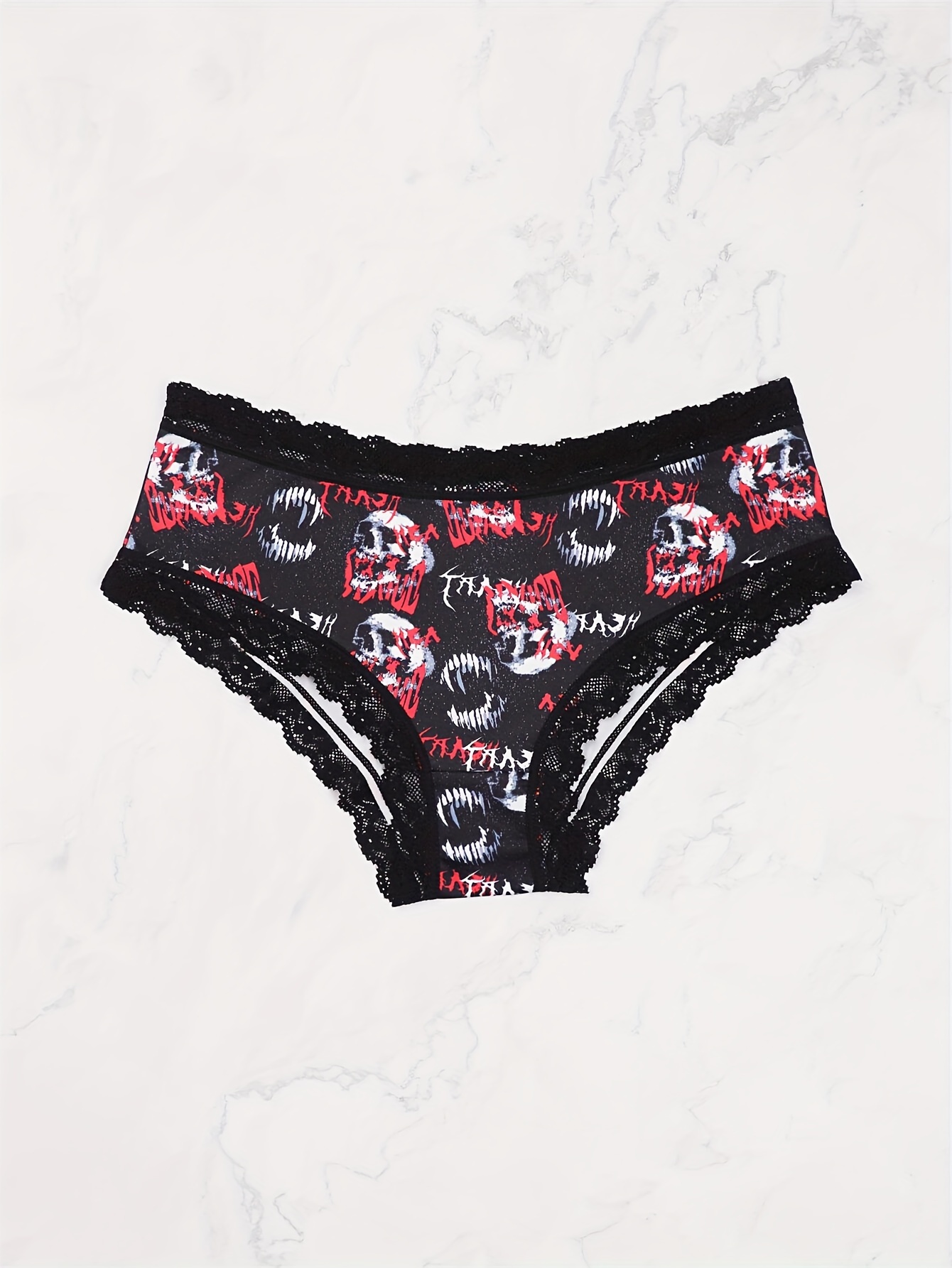 3pcs Gothic Contrast Lace Hipster Panties, Halloween Skull & Star Print  Intimates Panties, Women's Underwear & Lingerie
