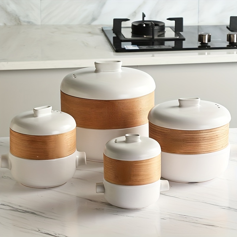 Set of Bamboo Wood Kitchen Cooking Utensils in White Ceramic Jar