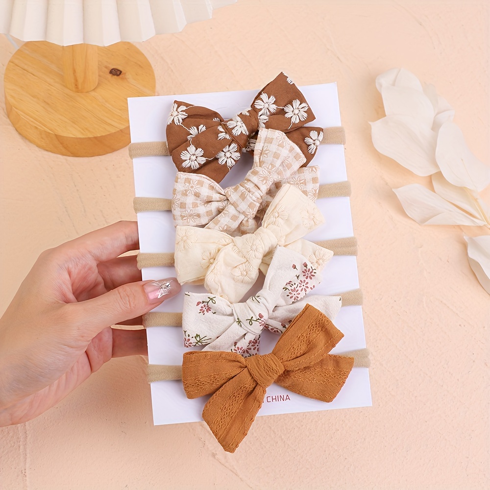 5pcs Of Fabric Embroidery Print Bow Nylon Hair Ties