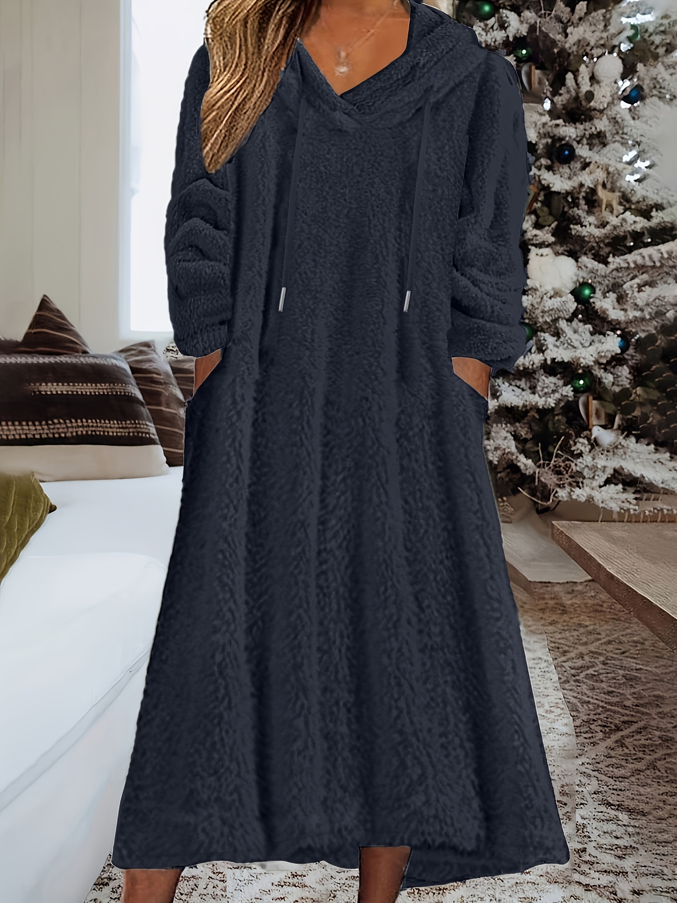 plus size casual dress womens plus solid fleece long sleeve drawstring hooded dress with pockets